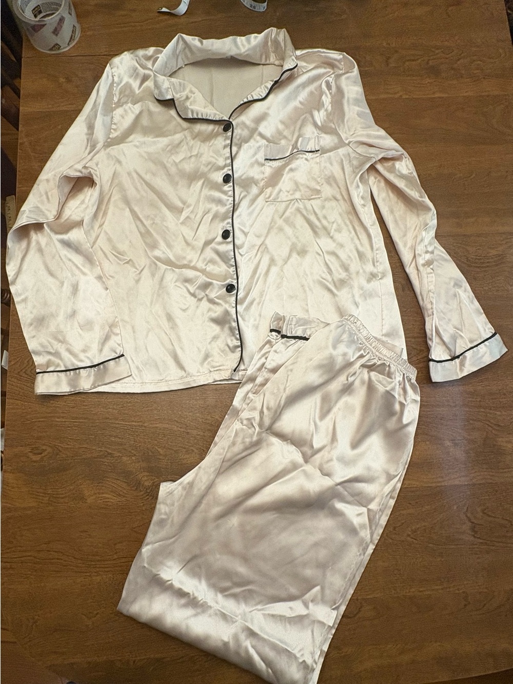 Classic Satin Pajama Set with Black Piping - Cream